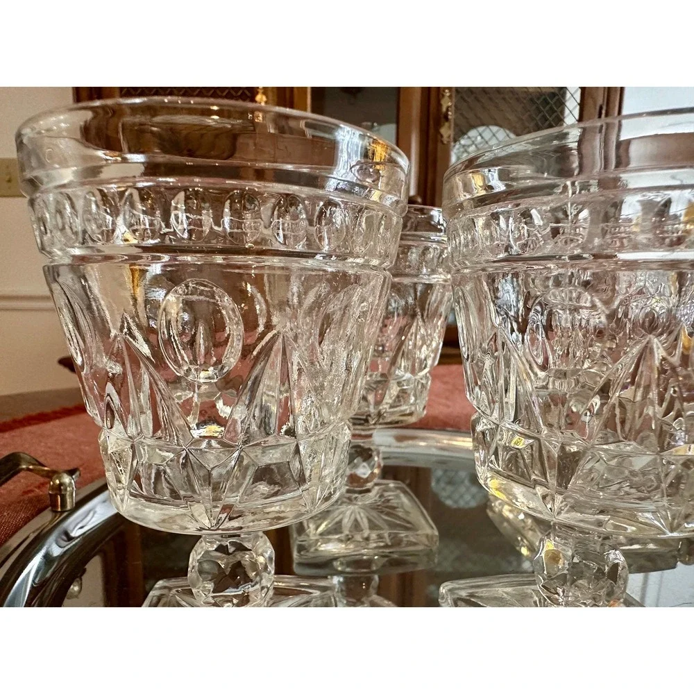 Vintage Pressed Glass Cordial Glasses Set 4 Diamond Thumbprint Square Base Clear